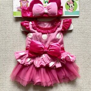 Disney Baby Dress Minnie Mouse One-Piece Costume Pink Polka Dot Mouse Ears 6-12M